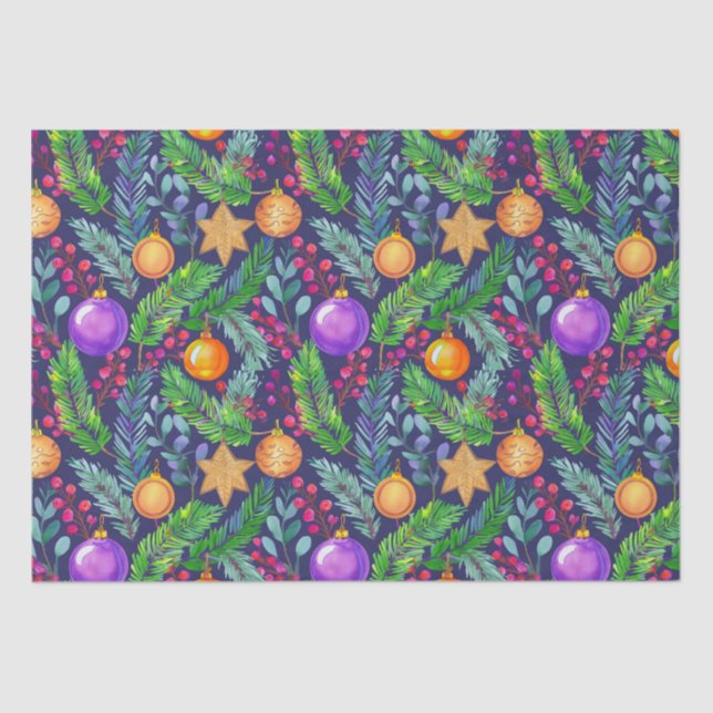 Papel De Seda Pinho de Natal e ornamentos, padrão roxo (Frente )