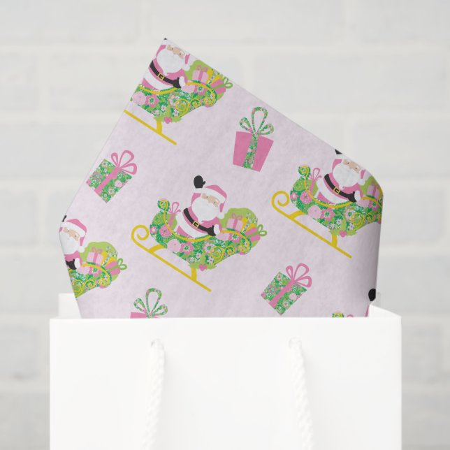 Papel De Seda Pink and Green Preppy Palm Beach Santa Claus (Sacola de presentes)