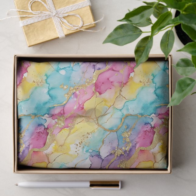Papel De Seda Pink Aqua Turquoise Yellow Purple Gold Marble (Presente)