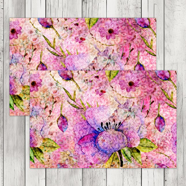 PAPEL DE SEDA PINK BOHO FLORAL GRUNGE DECOUPAGE (PINK BOHO FLORAL GRUNGE DECOUPAGE TISSUE PAPER)