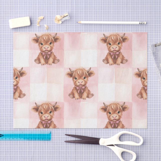 Papel De Seda Pink Checkered Highland Cow Cute Gift Wrap (Arte )