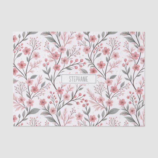 Papel De Seda Pink Cherry Blossom Sakura Pattern on White (1) (Frente )