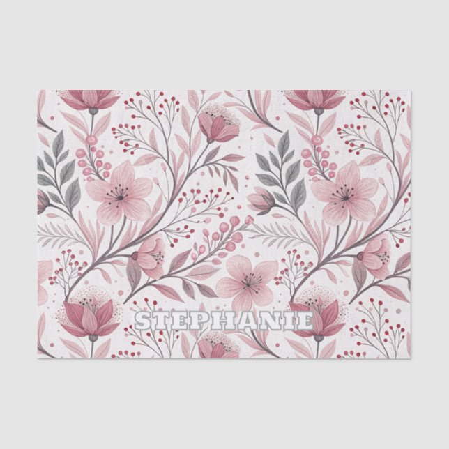 Papel De Seda Pink Cherry Blossom Sakura Pattern on White (3) (Frente )