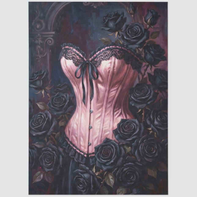 Papel De Seda Pink Corset Black Roses Decoupage (Frente )