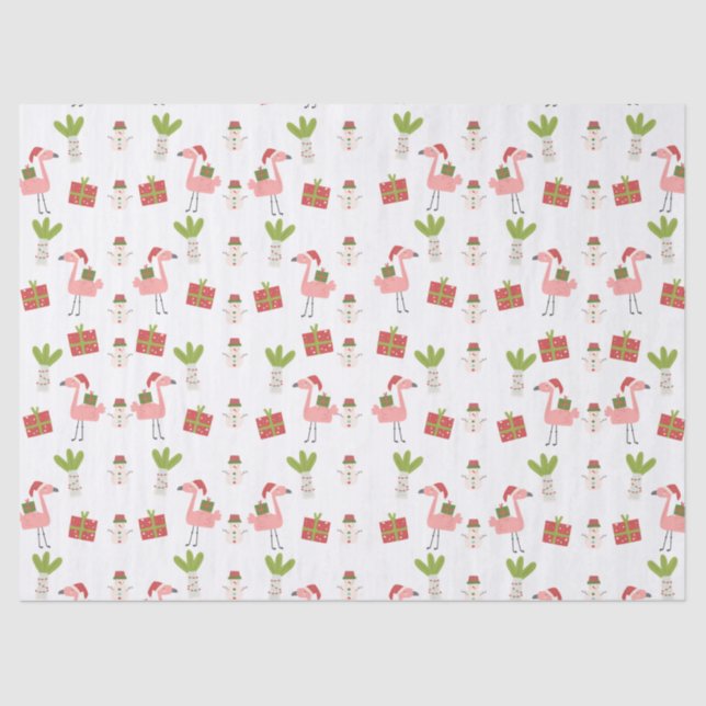 Papel De Seda Pink Flamingo Christmas Snowman Cor de Rosa Vermel (Frente )