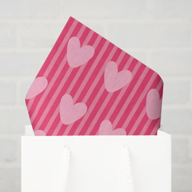 Papel De Seda Pink Hearts and Stripes Valentine Pattern (Sacola de presentes)