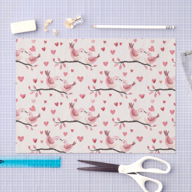 Papel De Seda Pink Hearts Love Birds Valentine's Day Wedding (Arte )