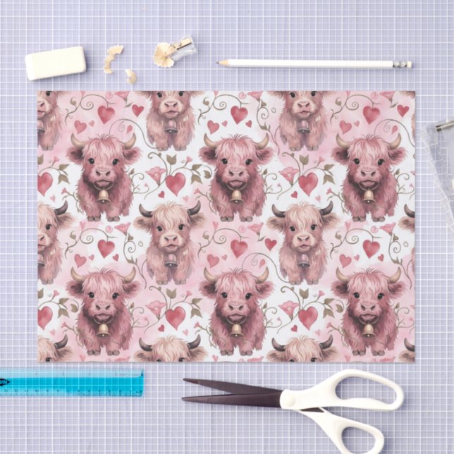 Papel De Seda Pink Highland Cow Valentine Hearts (Arte )