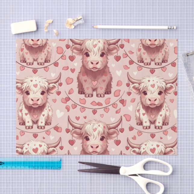 Papel De Seda Pink Highland Cow Valentine Hearts Roses (Arte )