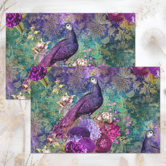 PAPEL DE SEDA PINK PURPEACOCK FLORAL COLLAGE DECOUPAGE (PINK PURPLE PEACOCK FLORAL COLLAGE DECOUPAGE TISSUE PAPER)