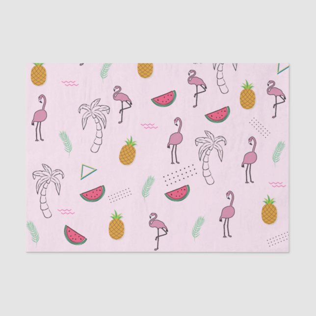Papel De Seda Pink Watercolor Summer Flamingo Patterno (Frente )