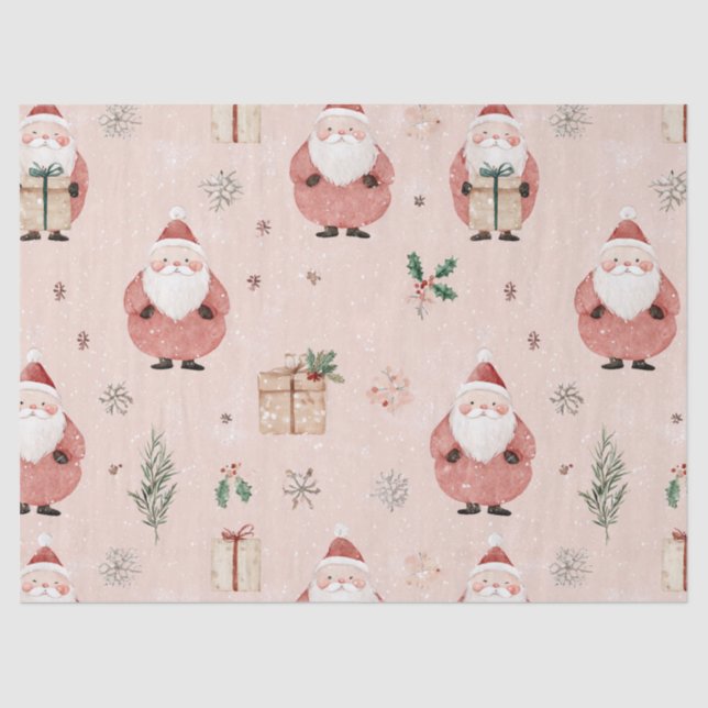 Papel De Seda Pink Winter - Santa Claus, Snowflakes, Holly (3) (Frente )