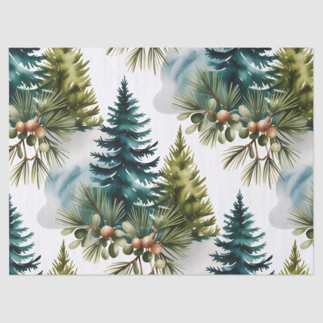 Papel De Seda Pino de Aquarela Padrão Elegante Inverno (Frente )