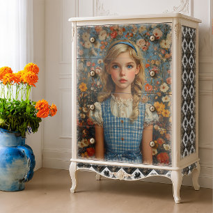 Papel De Seda Pintura a Óleo Floral em Xadrez Azul Alice Vintage