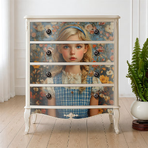Papel De Seda Pintura a Óleo Floral em Xadrez Azul Alice Vintage