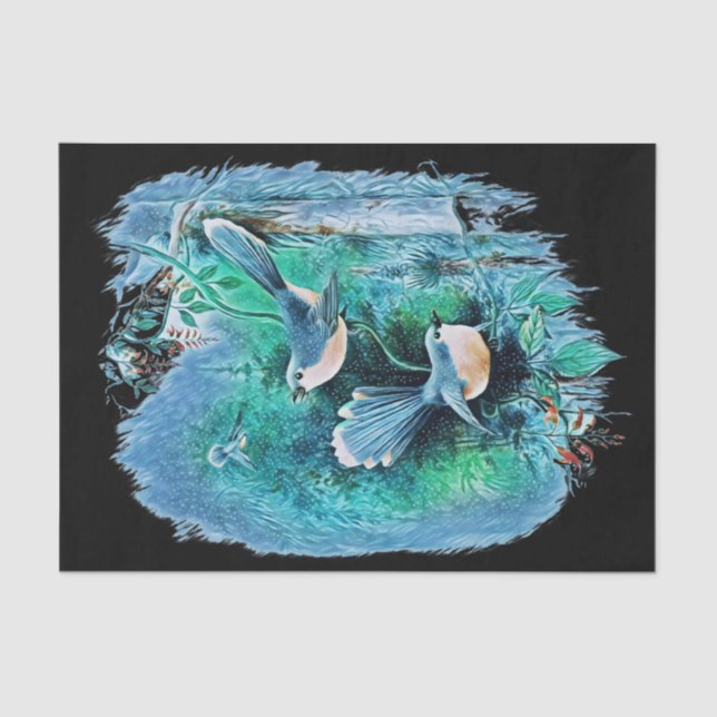 Papel De Seda Pintura de Aves Azuis de inverno 1 (Frente )