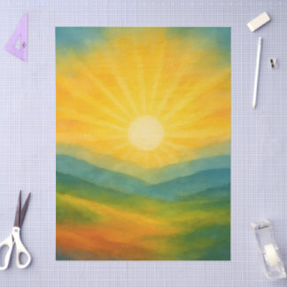 Papel De Seda Pintura de paisagem ao nascer do sol em aquarela