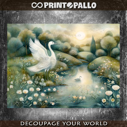 Papel De Seda Pintura renascentista com cisne e lago