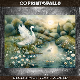 Papel De Seda Pintura renascentista com cisne e lago