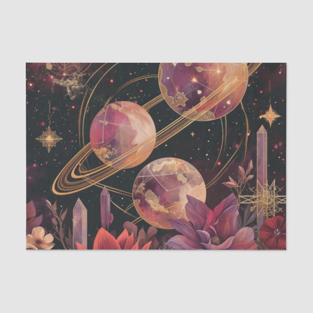 Papel De Seda Planeta Anelado com Cristal Cósmico Arte Fantasia  (Frente )