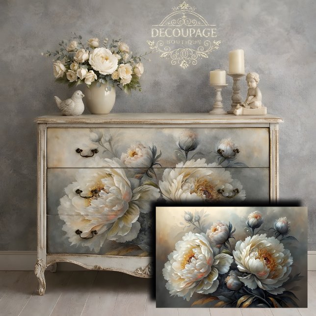 Papel De Seda Poejo Branco Florido Decoupage (White Peony Bloom Decoupage Tissue Paper)