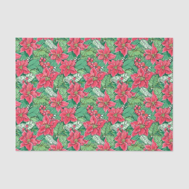 Papel De Seda Poinsettias de Natal Vermelhas e Verdes (Frente )