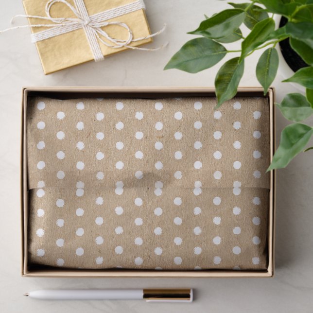 Papel De Seda Polkadoes brancos aflitos em Faux Brown Kraft (Presente)