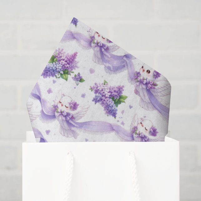 Papel De Seda Pombas de Casamento Fofas com Lilases e Fitas (Sacola de presentes)