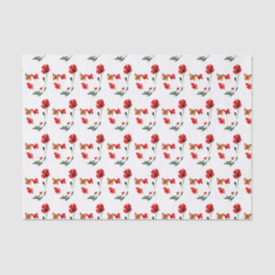 Papel De Seda Pópias Vermelhos com Padrão Floral, Borboleta