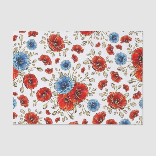 Papel De Seda Poppies Elegantes de Lembranças Azuis, Vermelhas e (Frente )