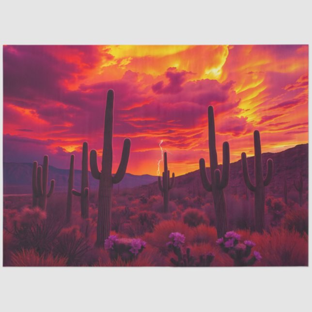 Papel De Seda Pôr do Sol no Deserto com Cacto Relâmpago Dramátic (Frente )