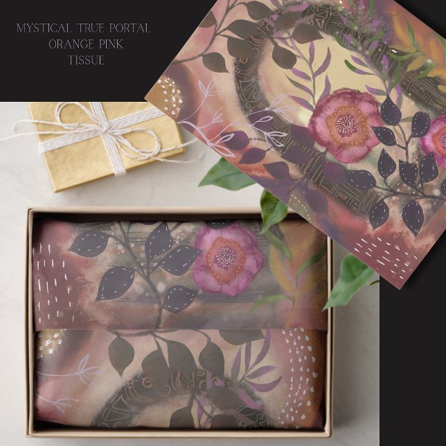 Papel De Seda Portal Verdadeiro Místico Laranja Floral (Mystical True Portal Floral Archway Orange Pink Tissue Paper)