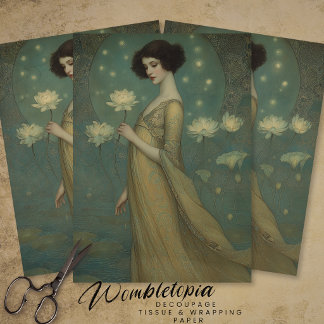 Papel De Seda Portrait of Lady in Magical Lotus Garden Decoupage