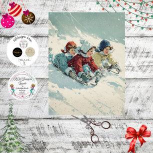 Papel De Seda Pôster Vintage Decoupage Crianças Esquiando