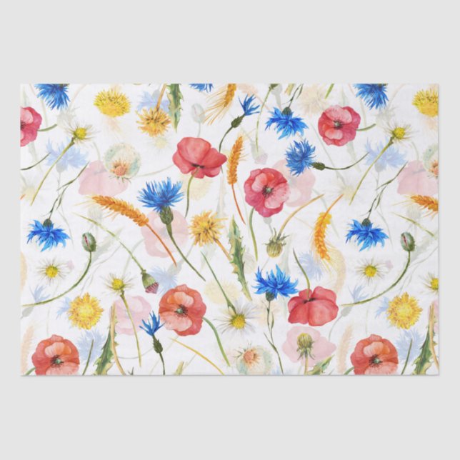 Papel De Seda Prado De Wildflower Com Poppies E Cornflower (Frente )