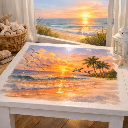 Papel De Seda Praia ao Nascer do Sol Aquarela com Palmeiras