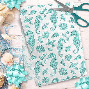 Papel De Seda Praia Natal Cavalo Glitter Aqua Azul Branco