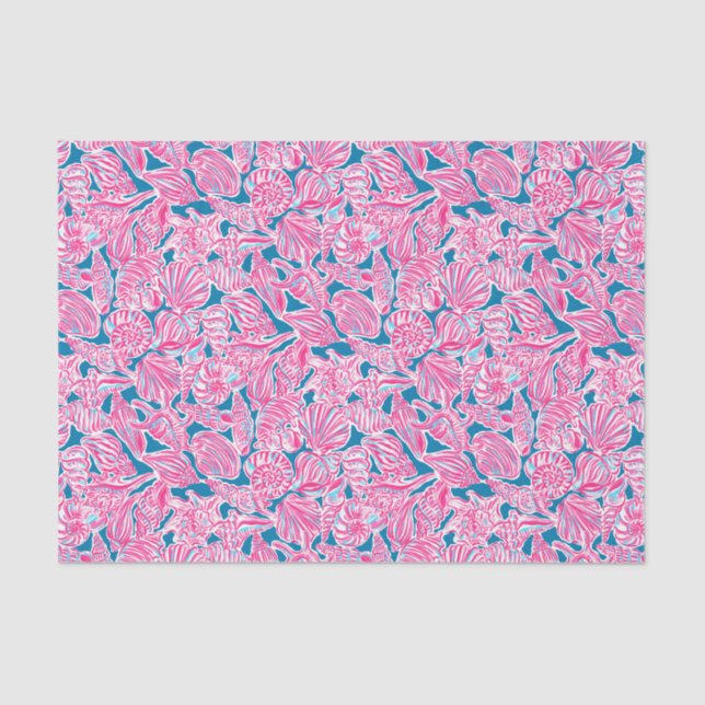 Papel De Seda Preppy Palm Beach Impressão rosa & Blue Seashells (Frente )