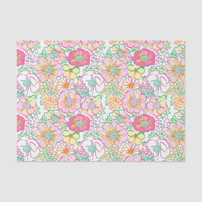 Papel De Seda Preppy Palm Beach Impressão rosa e flores amarelas (Frente )