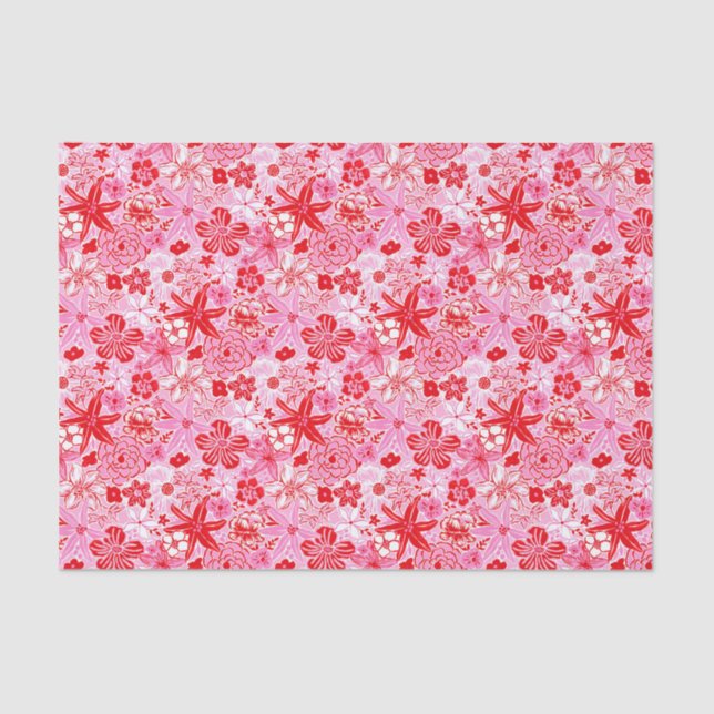 Papel De Seda Preppy Palm Beach Impressão Rosa e Flores Vermelha (Frente )