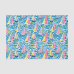 Papel De Seda Preppy Palm Beach Impressão rosa e veleiros amarel