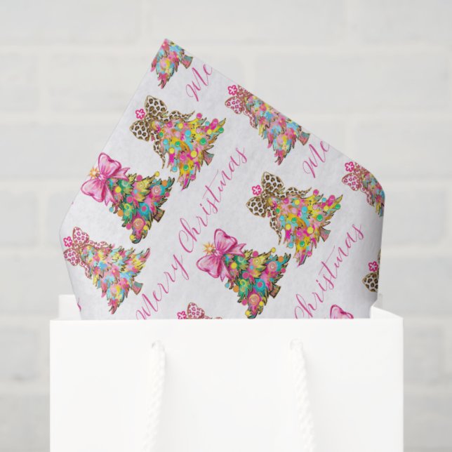 Papel De Seda Preppy Pink and Green Christmas Trees (Sacola de presentes)