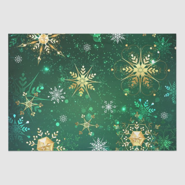 Papel De Seda Presente de Natal Verde Dourado com Flocos de Neve (Frente )