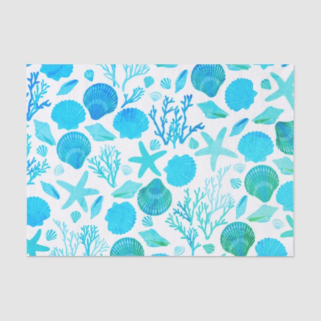 Papel De Seda Presente de padrão de coral e conchas azuis (Frente )