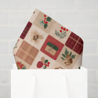 Papel De Seda Presentes e Botânicos de Natal Cottagecore Xadrez