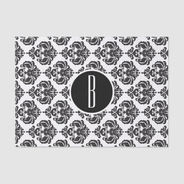 Papel De Seda Preto Branco Glam Damask Monograma Letra Inicial (Frente )
