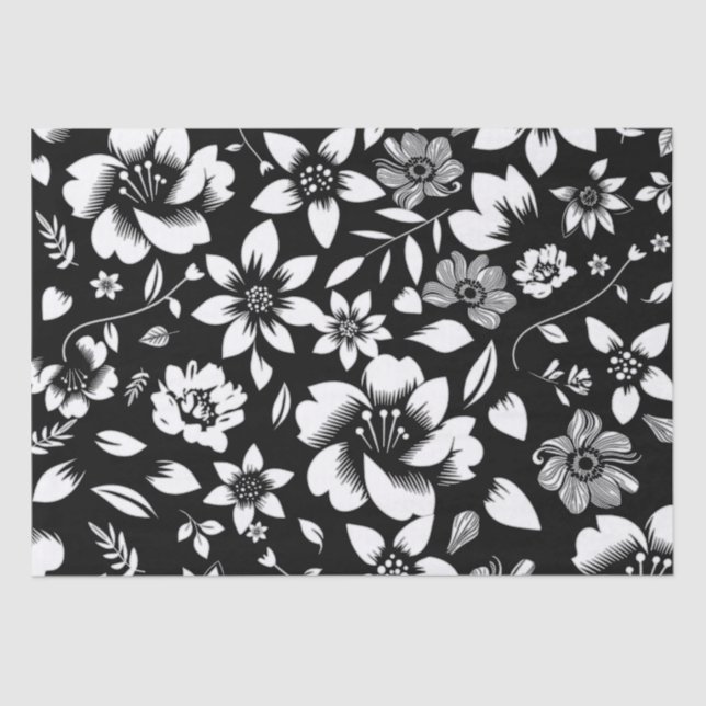 Papel De Seda Preto Branco Moderno Folhas Florais Sopran (Frente )
