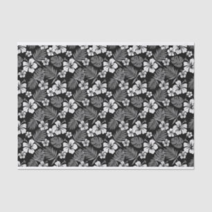 PAPEL DE SEDA PRETO COM FLORES DE HIBISCUS BRANCOS TROPICAIS