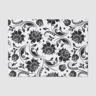Papel De Seda Preto Floral Damascos Padrão Fundo Branco