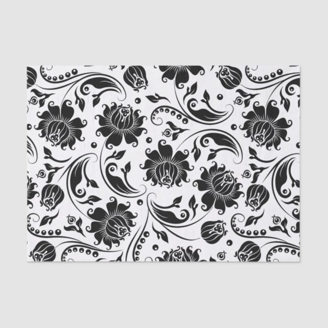 Papel De Seda Preto Floral Damascos Padrão Fundo Branco (Frente )